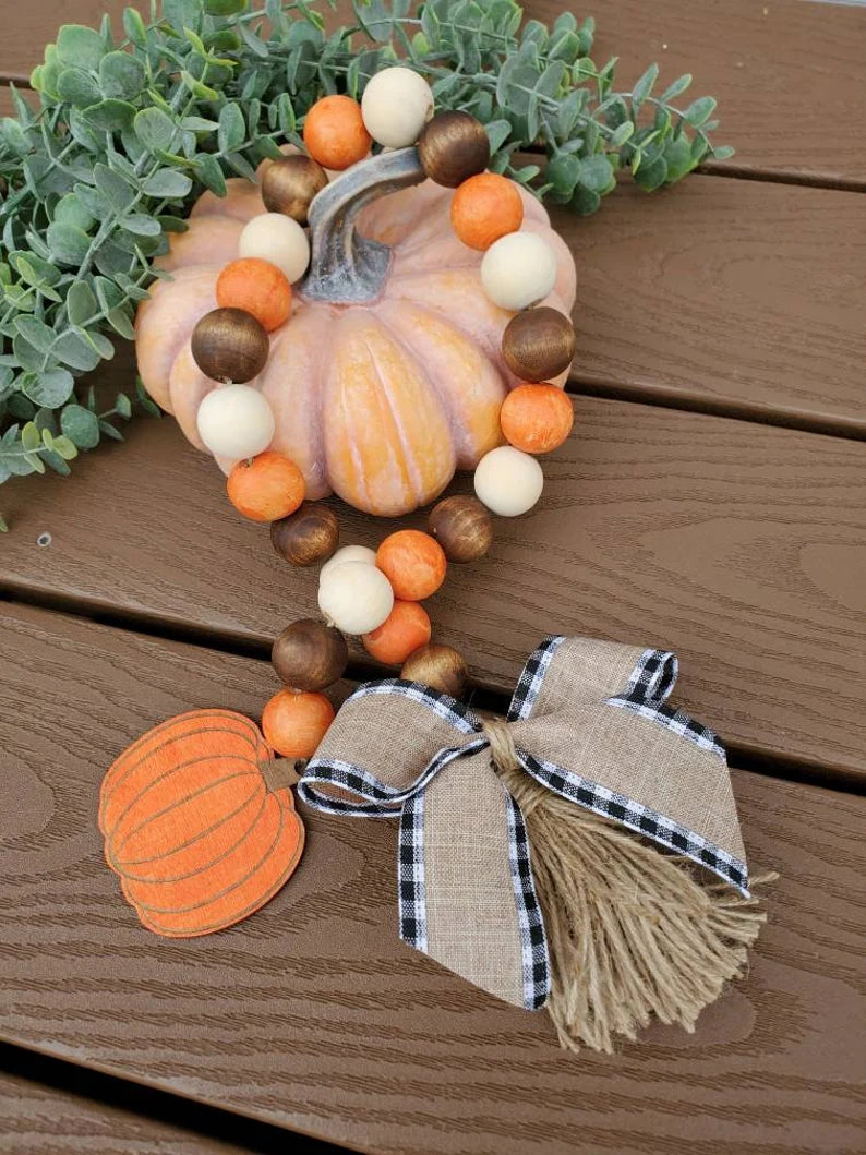 Pumpkin Fall wood bead garland, tiered tray decor, holiday garland for tiered tray