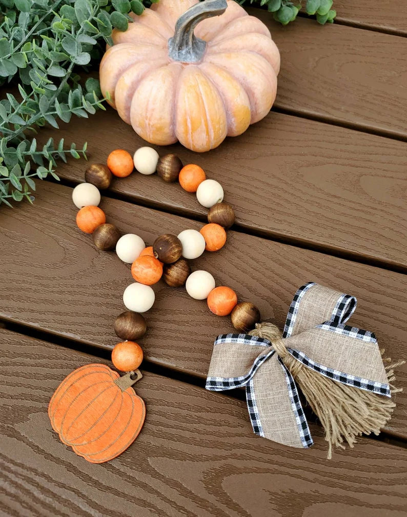 Pumpkin Fall wood bead garland, tiered tray decor, holiday garland for tiered tray