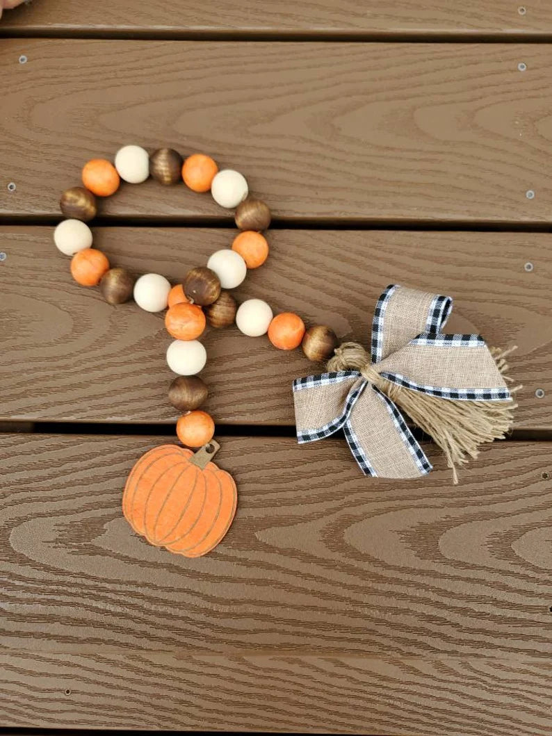 Pumpkin Fall wood bead garland, tiered tray decor, holiday garland for tiered tray