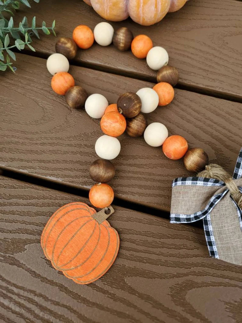 Pumpkin Fall wood bead garland, tiered tray decor, holiday garland for tiered tray