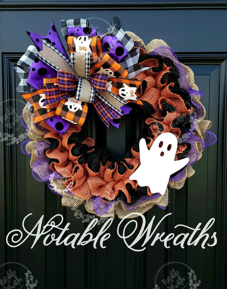 Rustic Halloween ghost wreath for front door, Hello Boo wreath, buffalo check Halloween wreath, ghost wreath