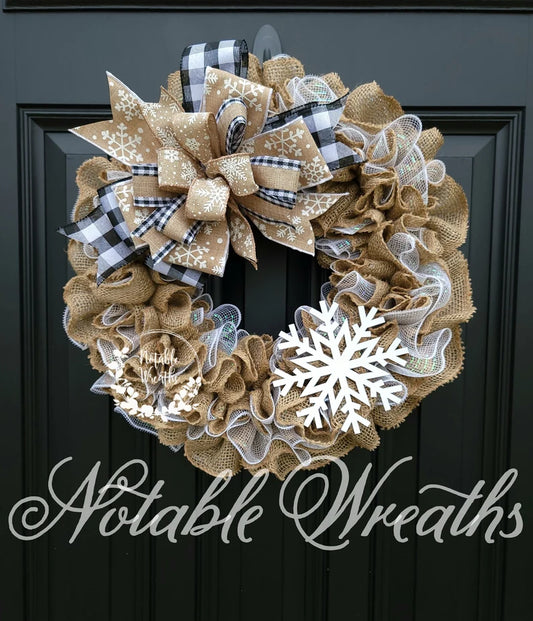 Neutral burlap Winter snowflake wreath for front door, white snowflake wreath, black and white buffalo check winter wreath, Christmas wreath