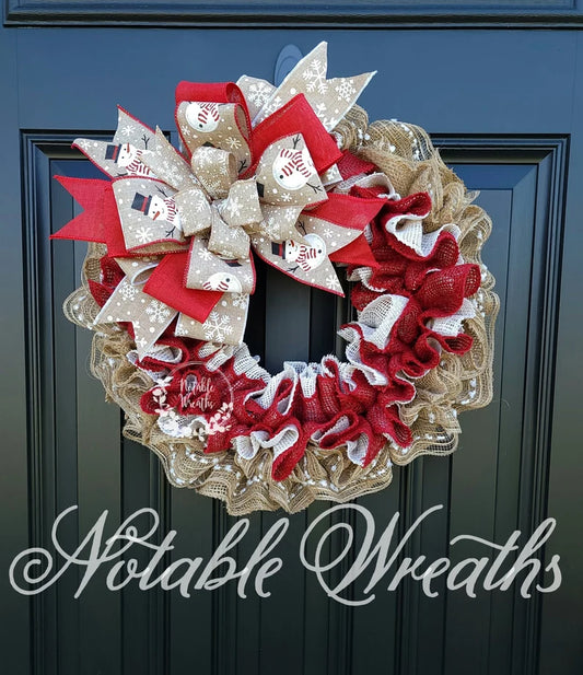 Snowman Christmas wreath for front door, winter Burlap wreath, red Christmas wreath