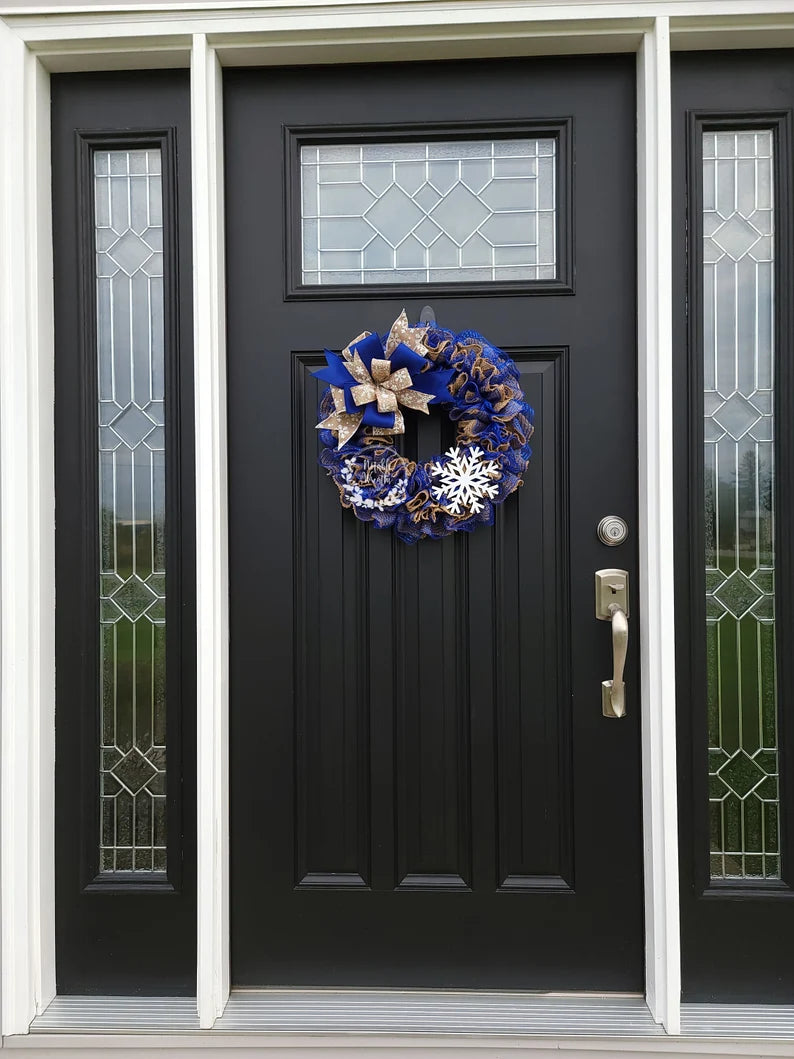 Blue snowflake winter burlap wreath for front door, rustic winter Burlap wreath, cobalt Christmas wreath, royal blue Christmas wreath