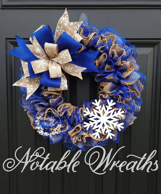 Blue snowflake winter burlap wreath for front door, rustic winter Burlap wreath, cobalt Christmas wreath, royal blue Christmas wreath