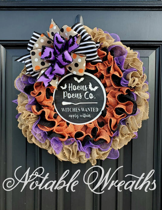 Hocus Pocus Halloween wreath, bat decor, Witch signs, Halloween burlap wreath for front door