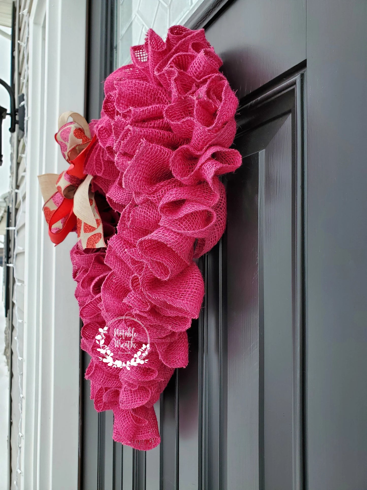 Valentine's Day wreath for front door, ruffle burlap heart wreath, heart wreath with heart bow, rustic wreath