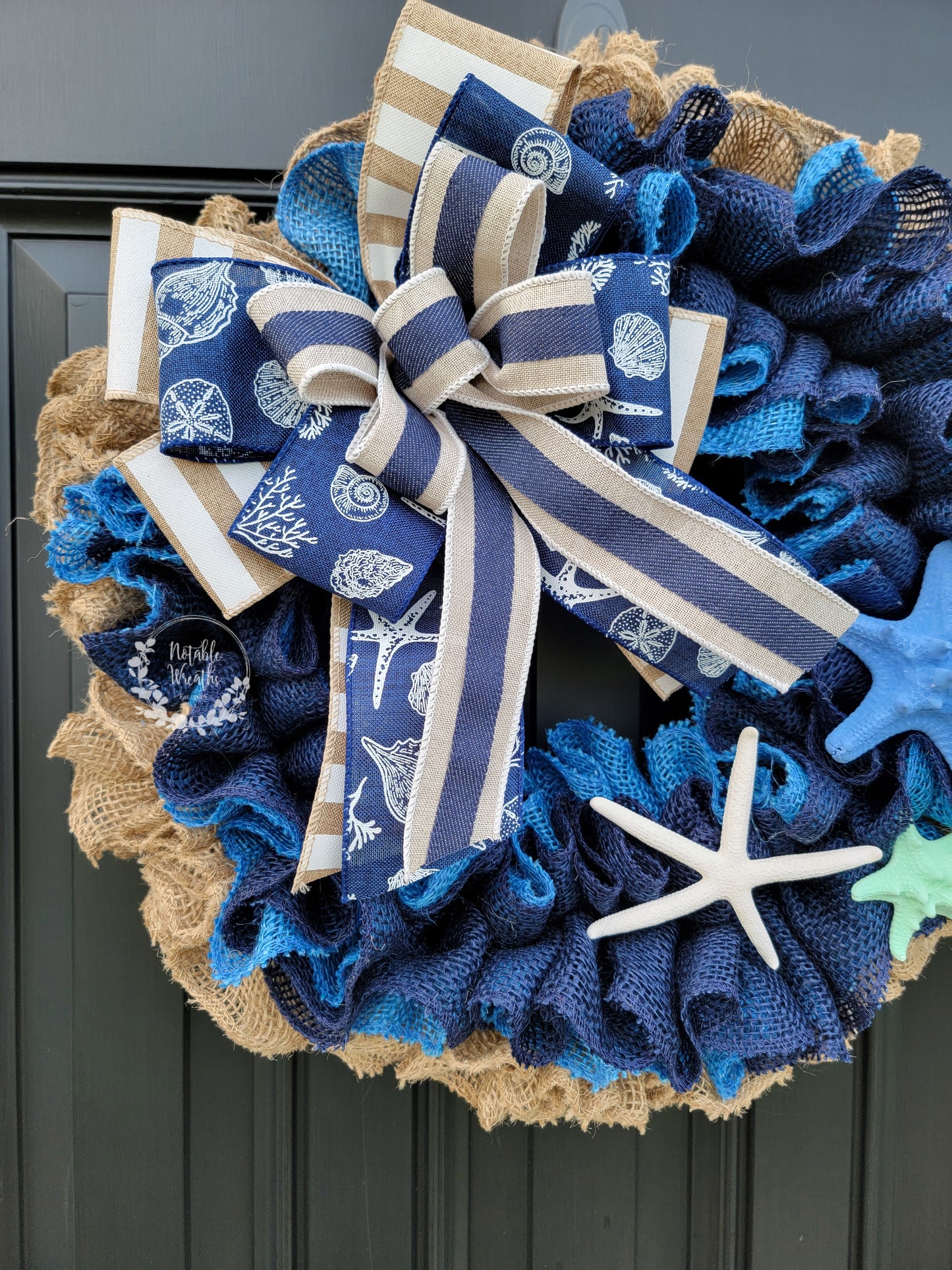 blue coastal wreath for front door, beach wreath, turquoise wreath, starfish wreath, teal wreath