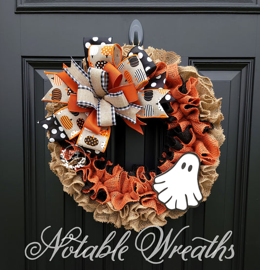 Halloween ghost wreath for front door, Boo wreath, buffalo check Halloween wreath, ghost wreath