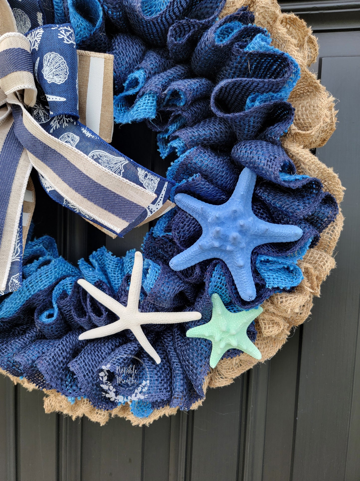 blue coastal wreath for front door, beach wreath, turquoise wreath, starfish wreath, teal wreath