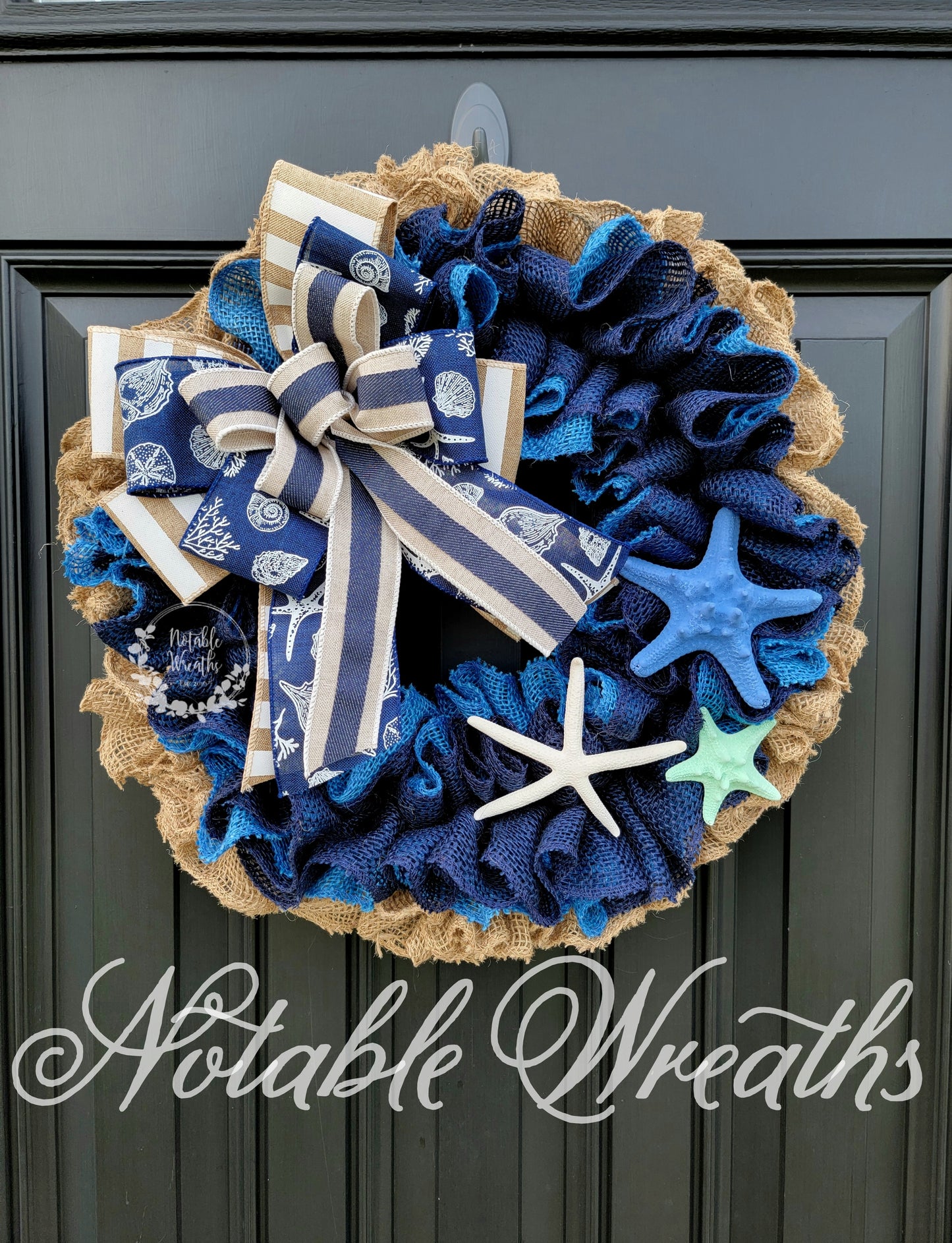 blue coastal wreath for front door, beach wreath, turquoise wreath, starfish wreath, teal wreath