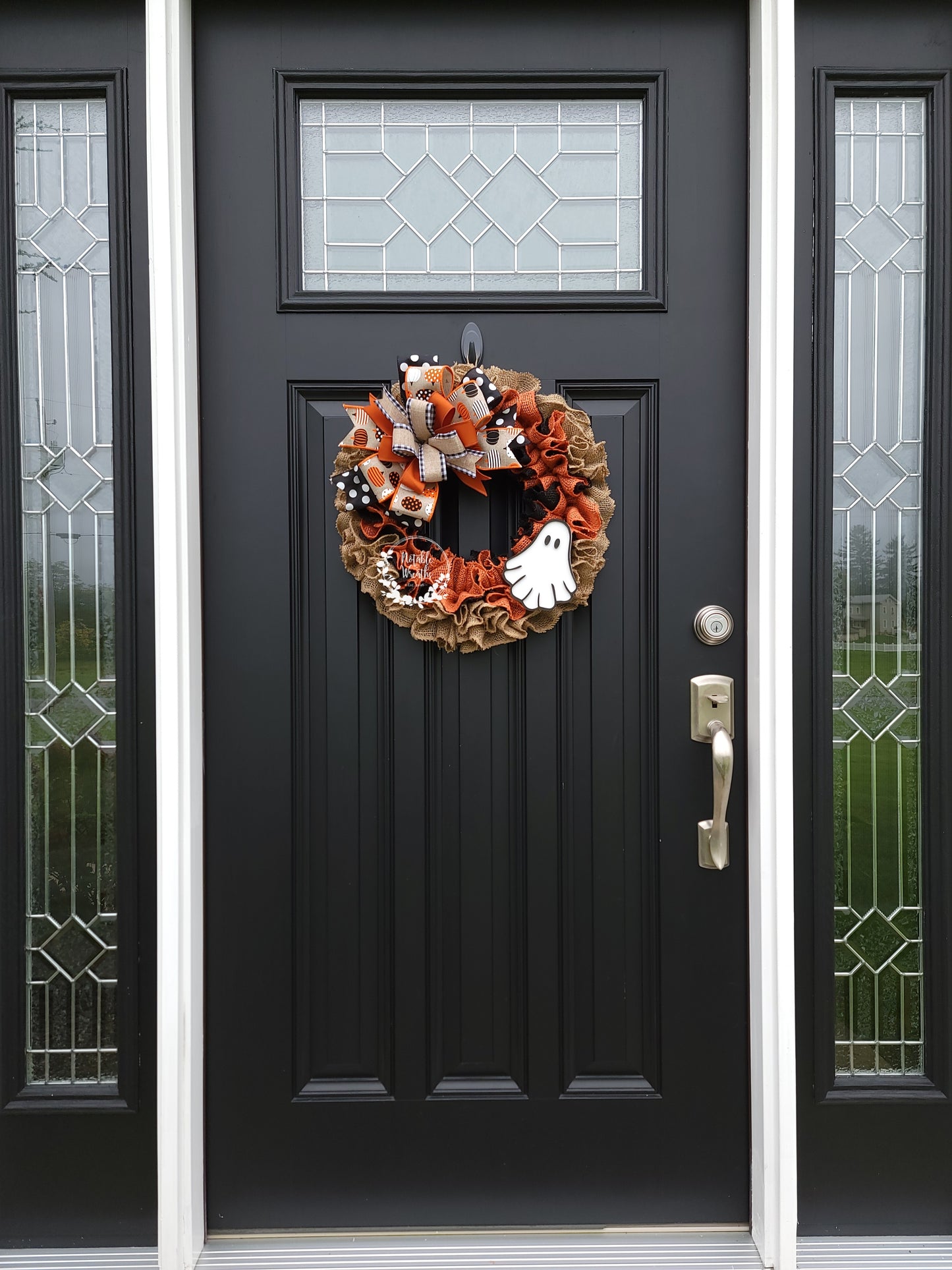 Halloween ghost wreath for front door, Boo wreath, buffalo check Halloween wreath, ghost wreath