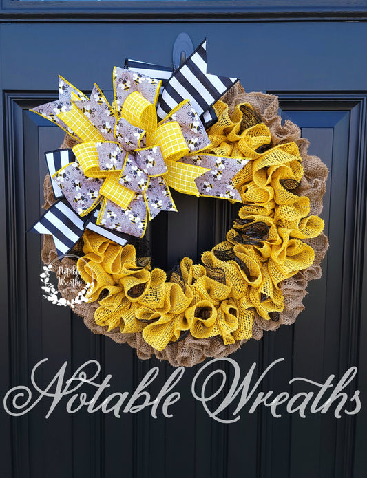 Bumblebee wreath for front door, Spring bee wreath, Summer bee wreath, yellow burlap wreath, Bee keeper gifts