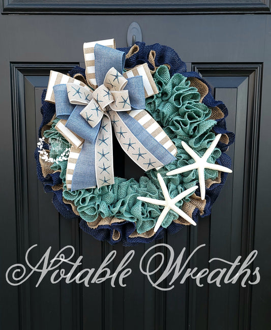 blue coastal wreath for front door, beach wreath, turquoise wreath, starfish wreath, teal wreath