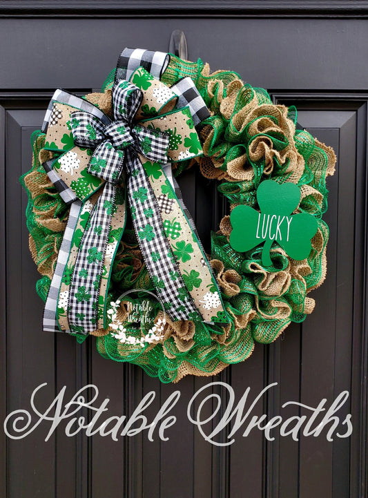 St. Patrick's day burlap wreath, Rae Dunn inspired, green burlap wreath, burlap ruffle wreath, St. Patrick's day wreath for front door