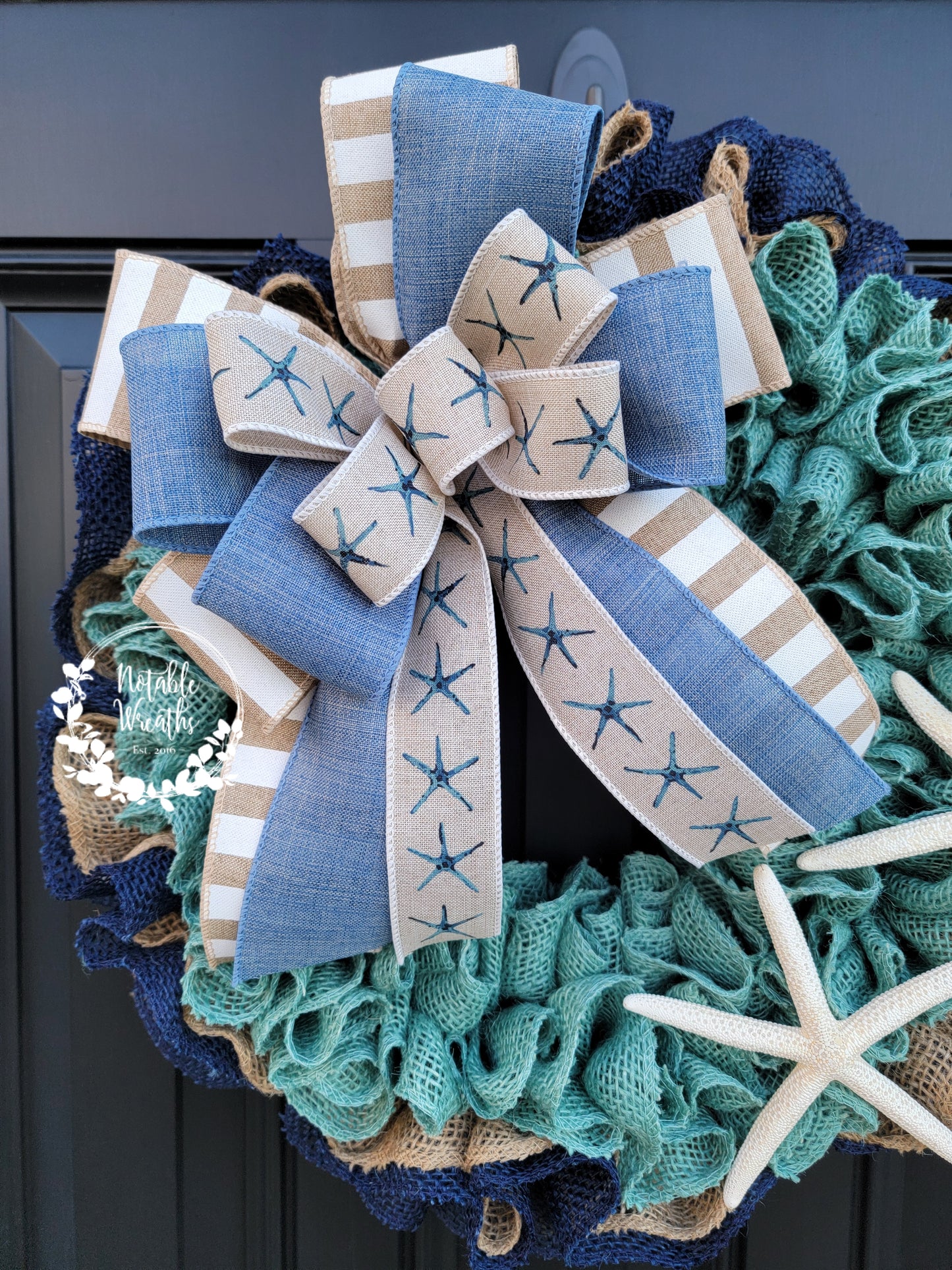 blue coastal wreath for front door, beach wreath, turquoise wreath, starfish wreath, teal wreath