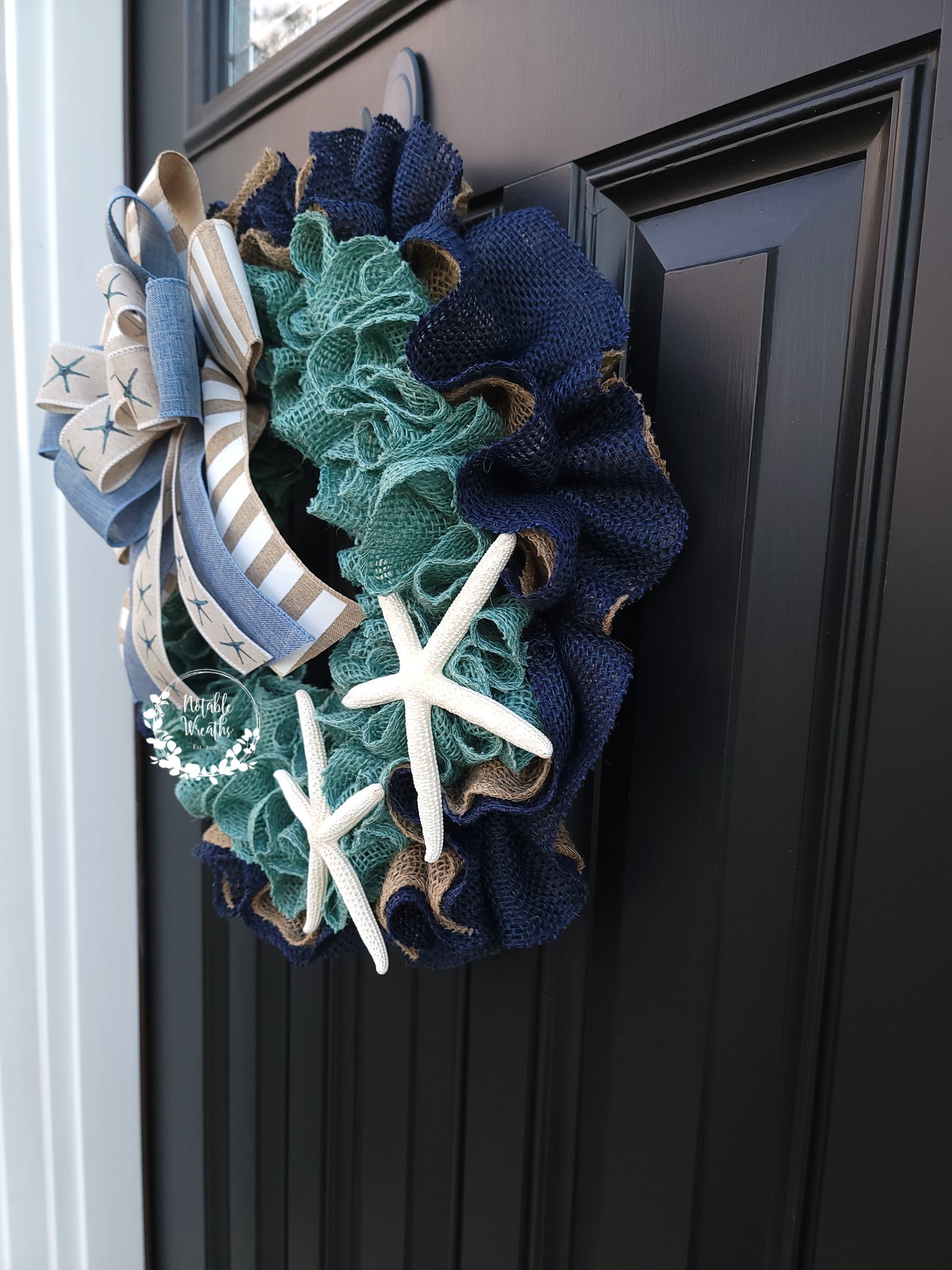 blue coastal wreath for front door, beach wreath, turquoise wreath, starfish wreath, teal wreath