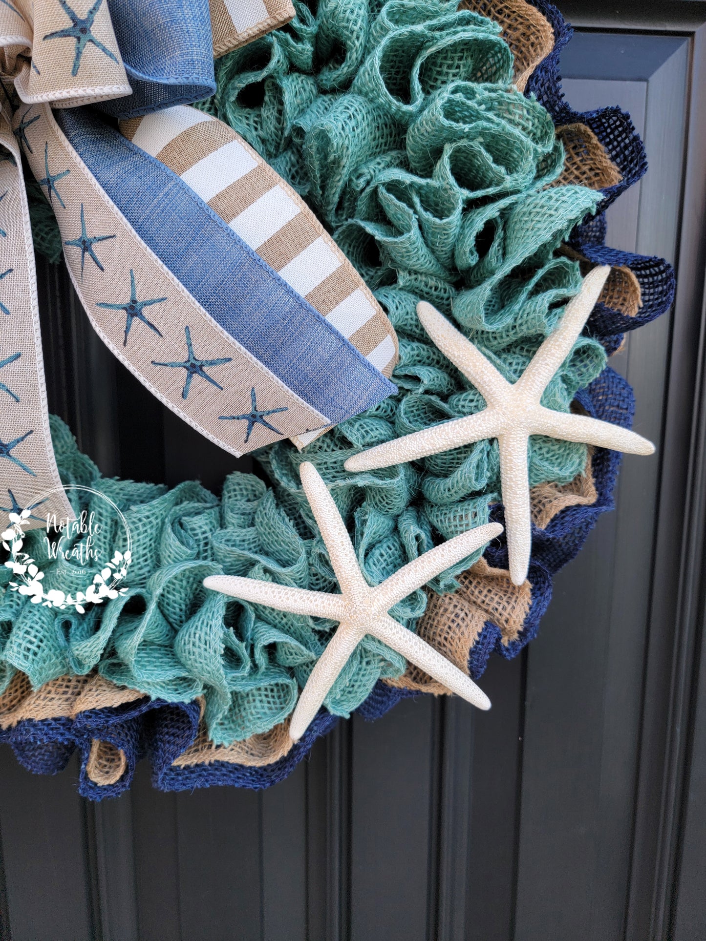 blue coastal wreath for front door, beach wreath, turquoise wreath, starfish wreath, teal wreath