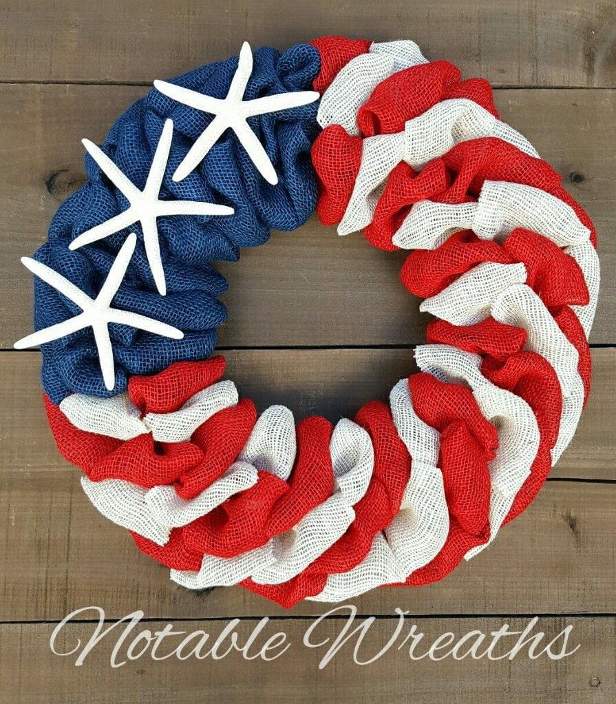 Patriotic burlap wreath Coastal wreath nautical wreath Starfish summer wreath 4th of july independence day wreath fourth of July wreath