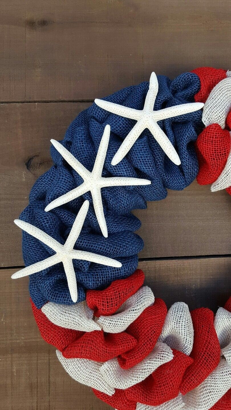 Patriotic burlap wreath Coastal wreath nautical wreath Starfish summer wreath 4th of july independence day wreath fourth of July wreath