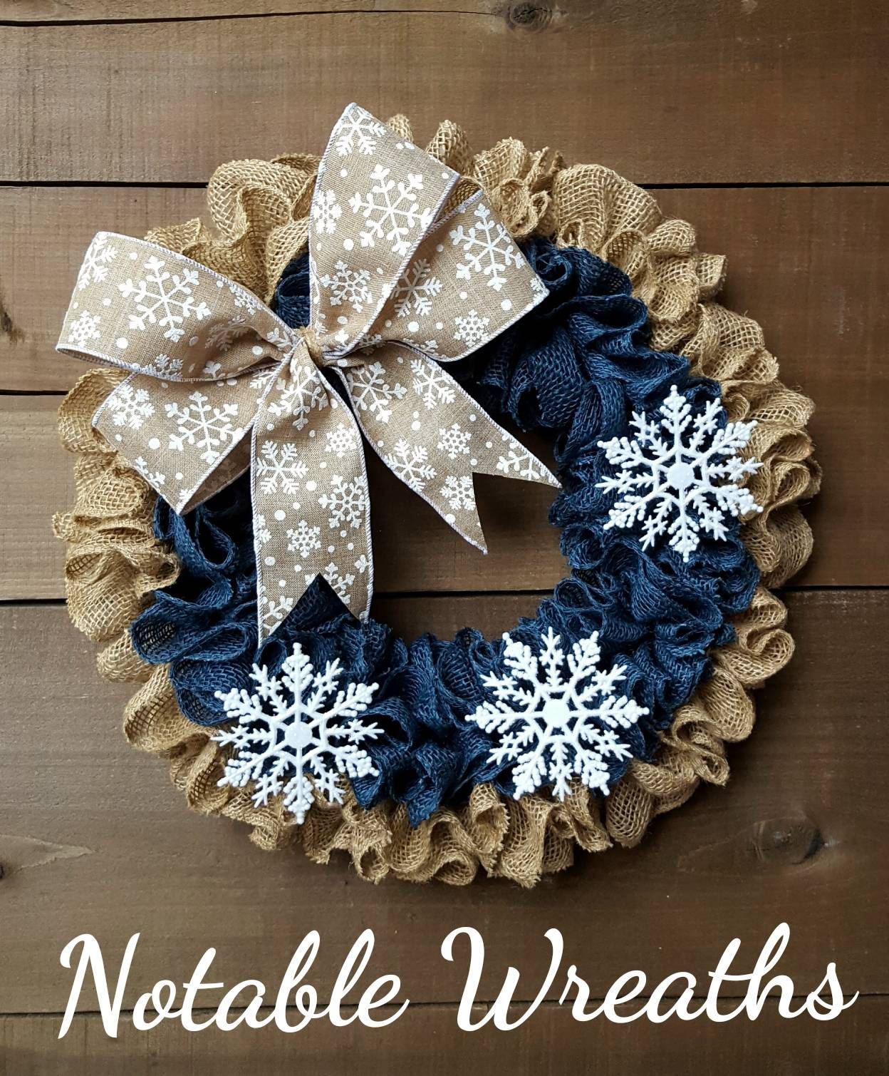 Winter wreath, burlap, Christmas, navy, snowflakes, Hannukah, rustic, ruffle, Holiday decor, Christmas decor, blue, snowflake ribbon, gifts