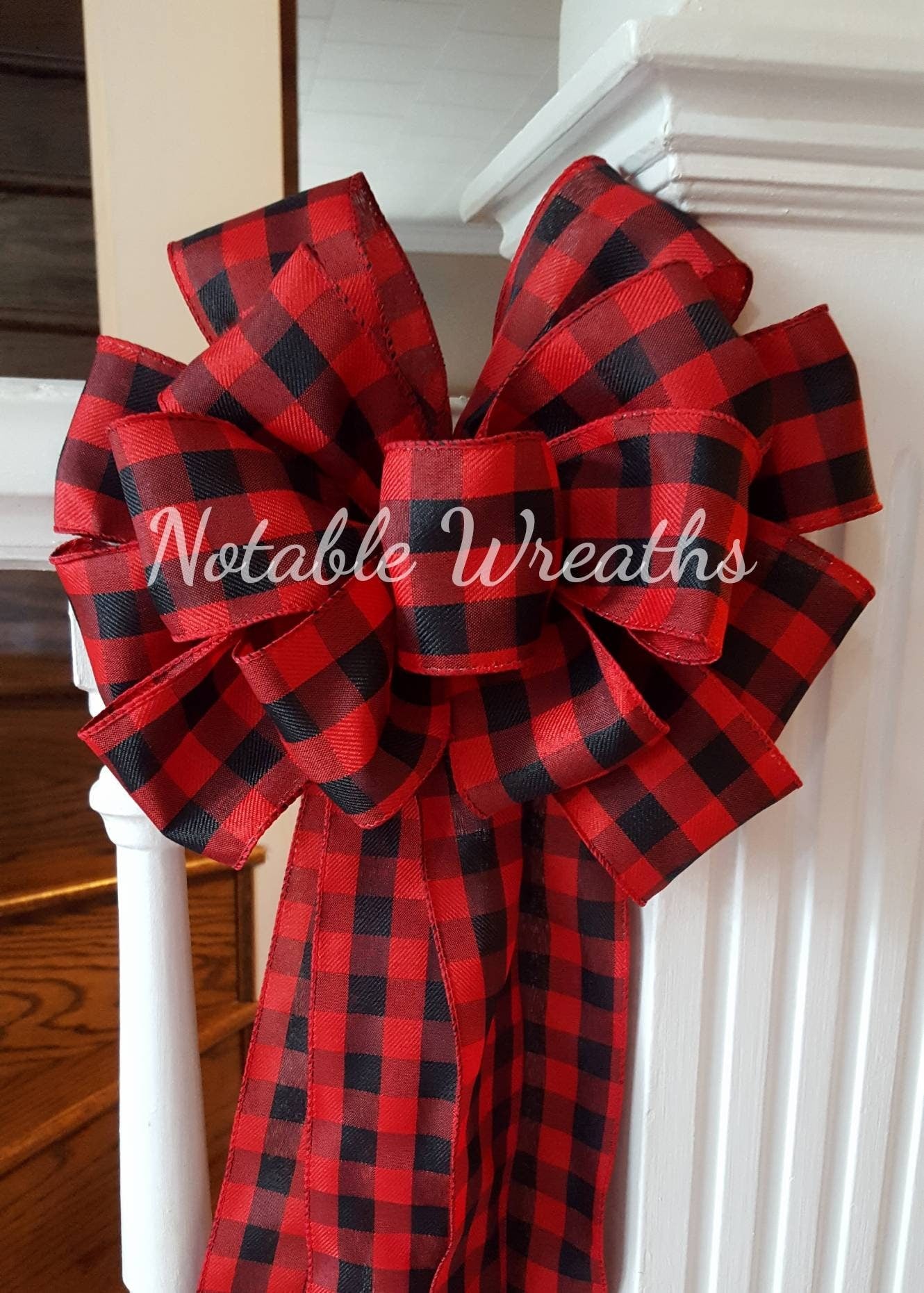 Rustic tree topper bow, plaid tree topper bow, farmhouse decor, red and black buffalo check tree topper, Christmas tree decor, holiday bow