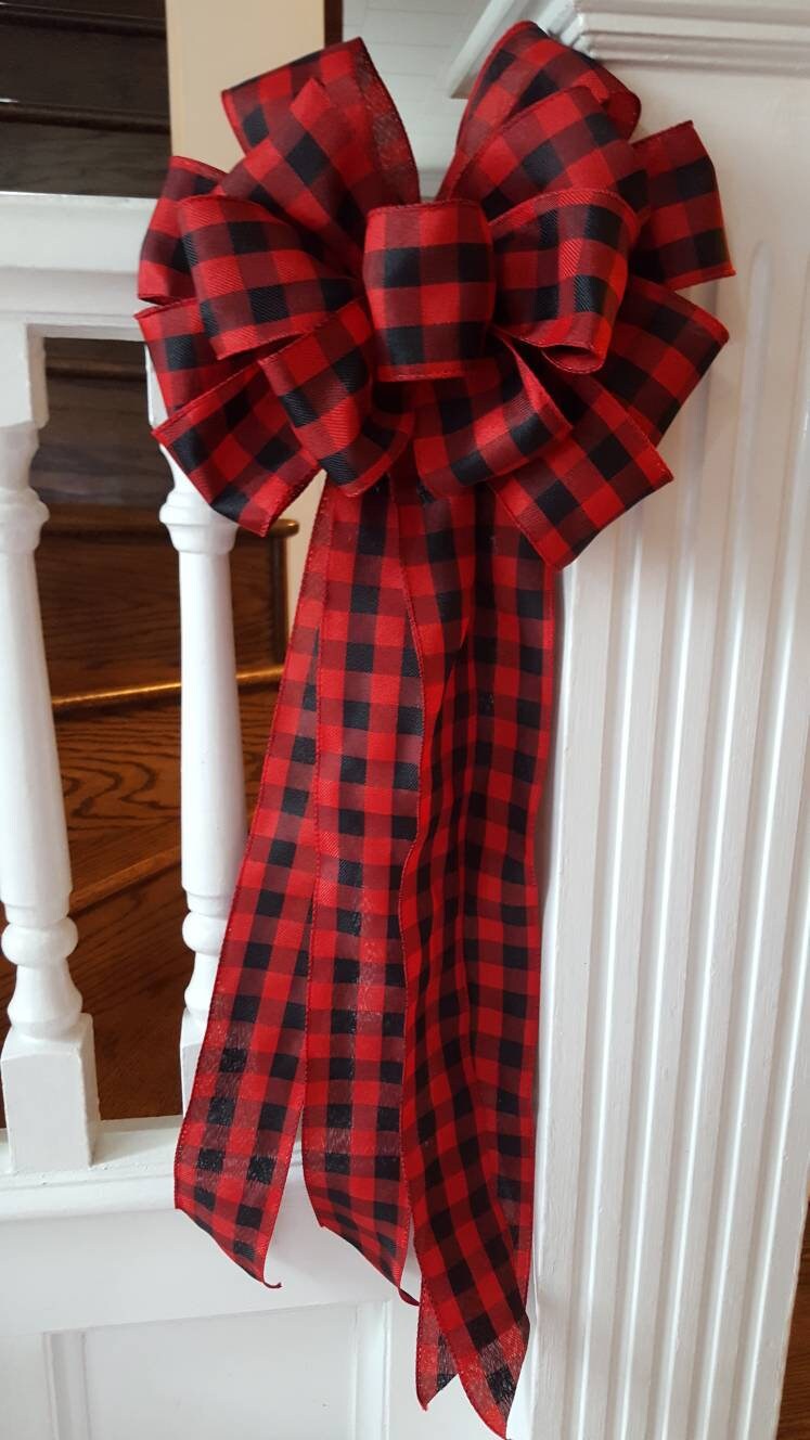 Rustic tree topper bow, plaid tree topper bow, farmhouse decor, red and black buffalo check tree topper, Christmas tree decor, holiday bow