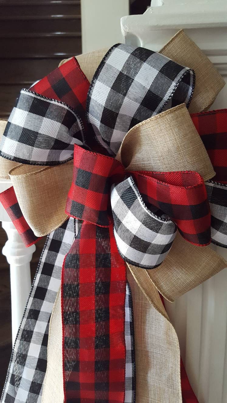 Rustic Christmas tree topper bow, plaid tree topper bow, farmhouse decor, red and black buffalo check tree topper, Christmas tree decor