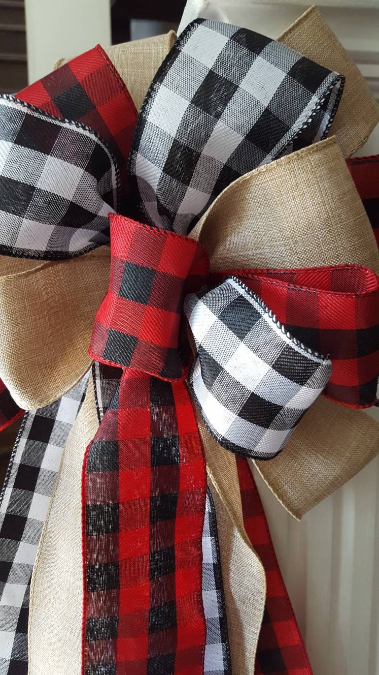 Rustic Christmas tree topper bow, plaid tree topper bow, farmhouse decor, red and black buffalo check tree topper, Christmas tree decor