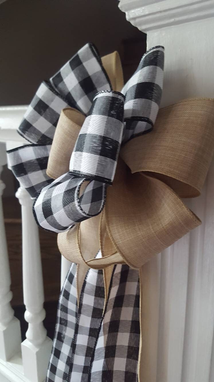 Tree topper bow, plaid tree topper bow, farmhouse decor, black and white buffalo check tree topper, Christmas tree decor, mailbox bow