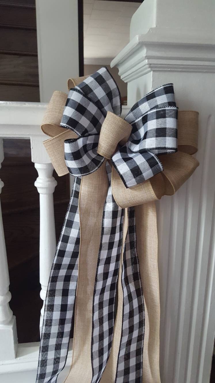 Tree topper bow, plaid tree topper bow, farmhouse decor, black and white buffalo check tree topper, Christmas tree decor, mailbox bow