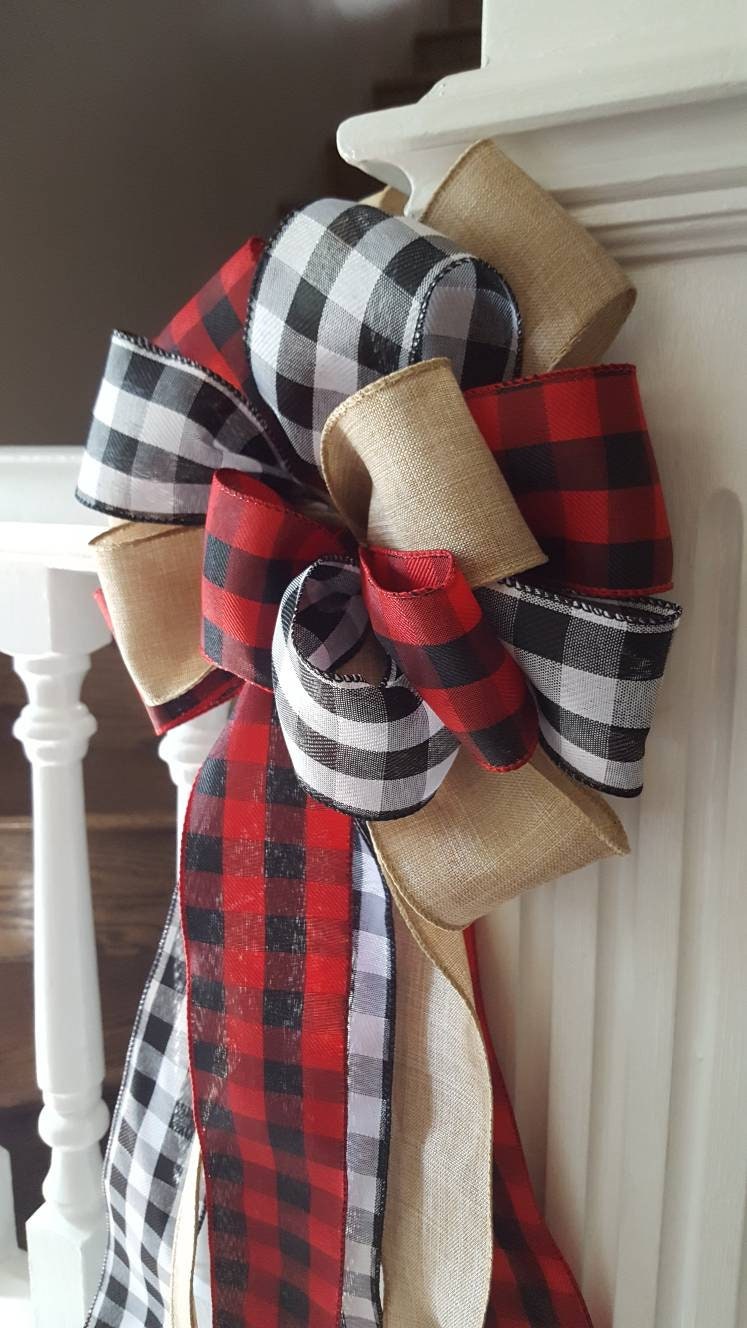 Rustic Christmas tree topper bow, plaid tree topper bow, farmhouse decor, red and black buffalo check tree topper, Christmas tree decor