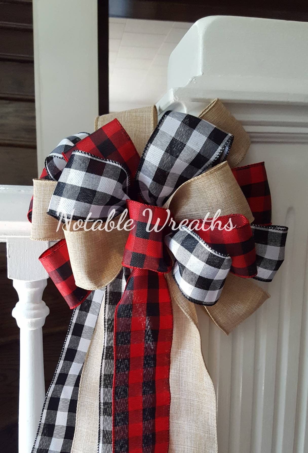 Rustic Christmas tree topper bow, plaid tree topper bow, farmhouse decor, red and black buffalo check tree topper, Christmas tree decor