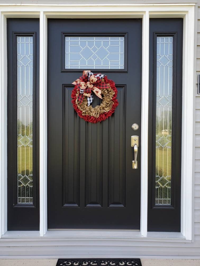 Christmas burlap wreath for front door, Rustic burlap Christmas wreath, winter burlap wreath, ruffle wreath, Holiday wreaths, buffalo check