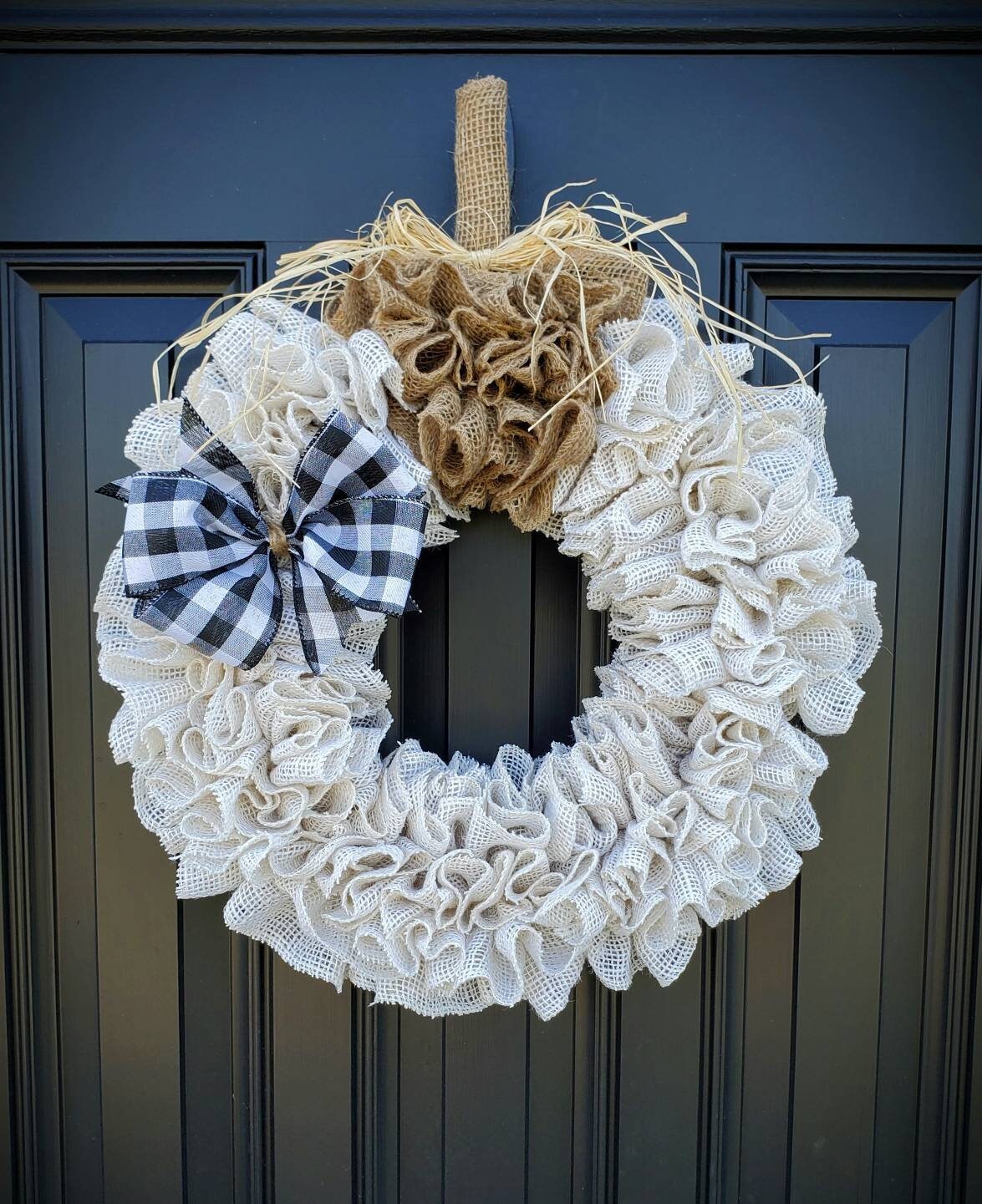 Fall farmhouse decor, White pumpkin burlap wreath, Fall farmhouse wreath, buffalo check decor for fall, fall housewarming gifts