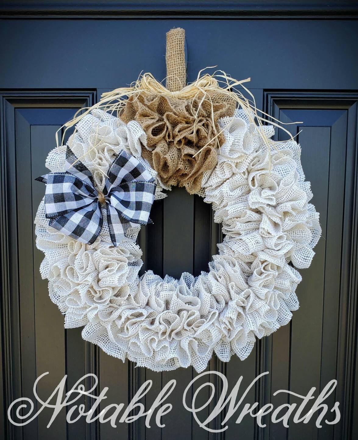 Fall farmhouse decor, White pumpkin burlap wreath, Fall farmhouse wreath, buffalo check decor for fall, fall housewarming gifts