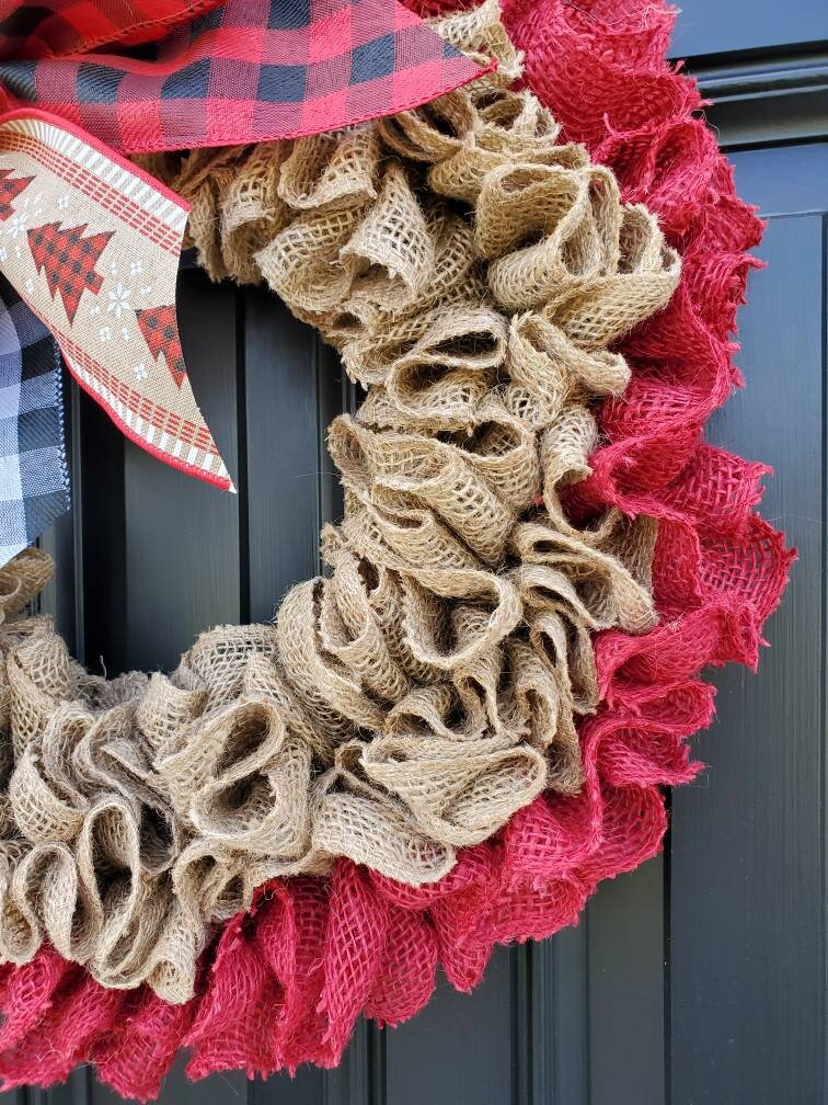 Christmas burlap wreath for front door, Rustic burlap Christmas wreath, winter burlap wreath, ruffle wreath, Holiday wreaths, buffalo check