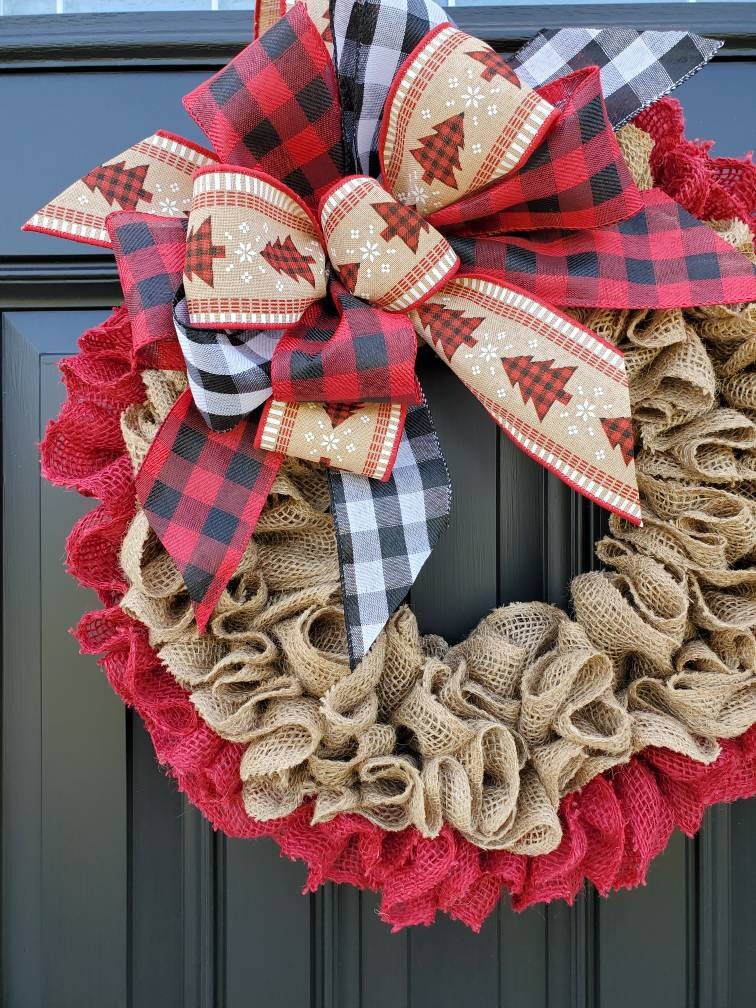 Christmas burlap wreath for front door, Rustic burlap Christmas wreath, winter burlap wreath, ruffle wreath, Holiday wreaths, buffalo check