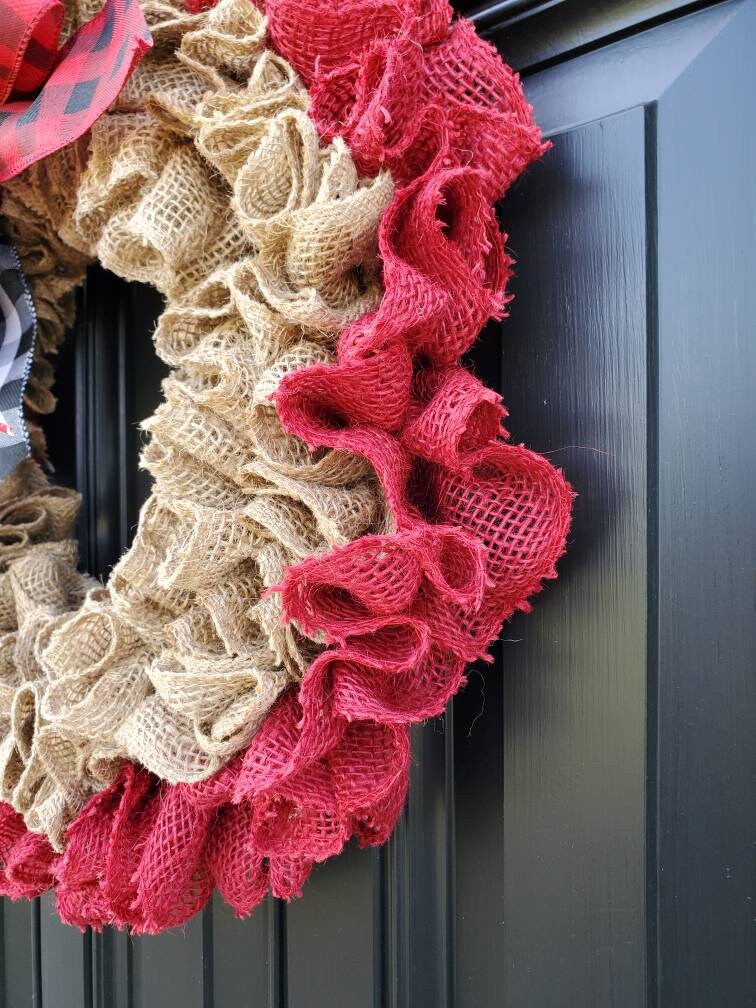 Christmas burlap wreath for front door, Rustic burlap Christmas wreath, winter burlap wreath, ruffle wreath, Holiday wreaths, buffalo check