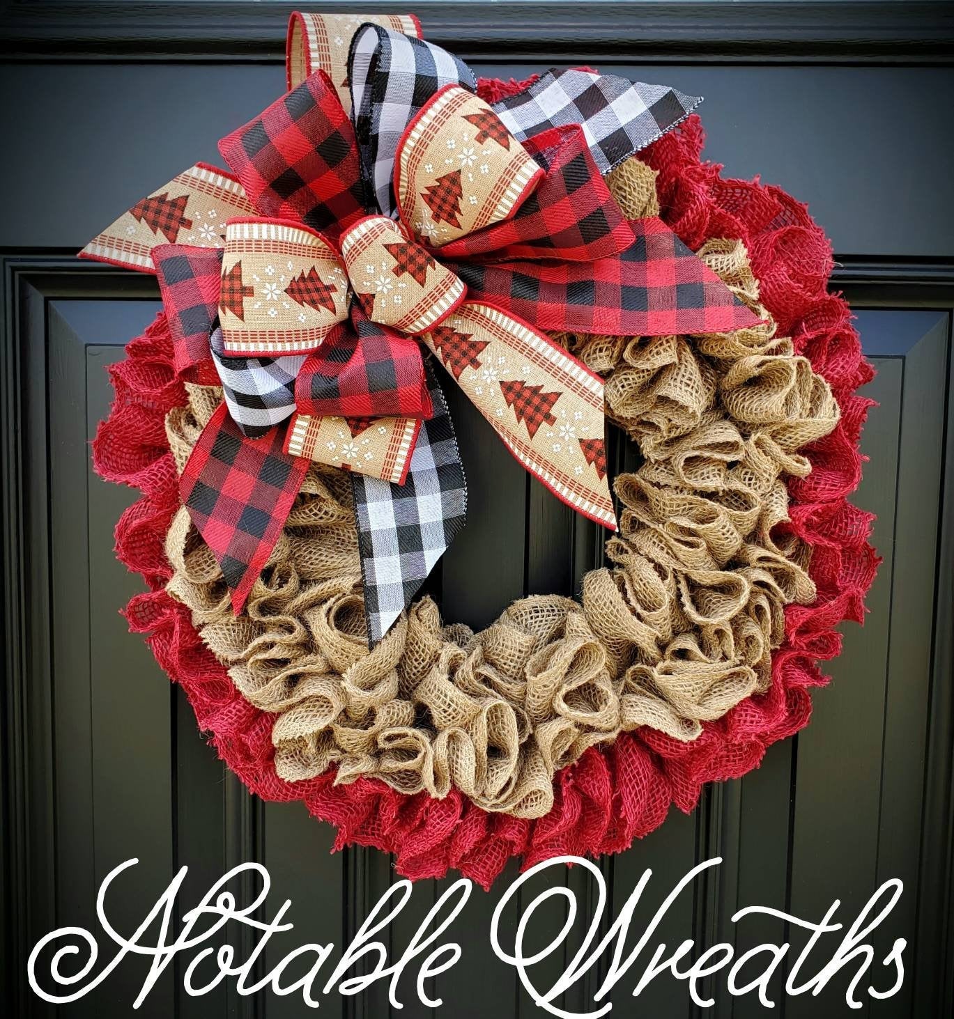 Christmas burlap wreath for front door, Rustic burlap Christmas wreath, winter burlap wreath, ruffle wreath, Holiday wreaths, buffalo check