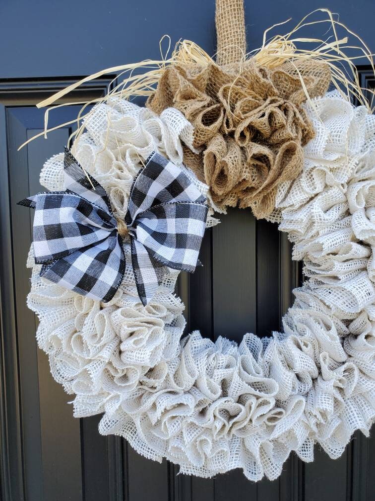 Fall farmhouse decor, White pumpkin burlap wreath, Fall farmhouse wreath, buffalo check decor for fall, fall housewarming gifts