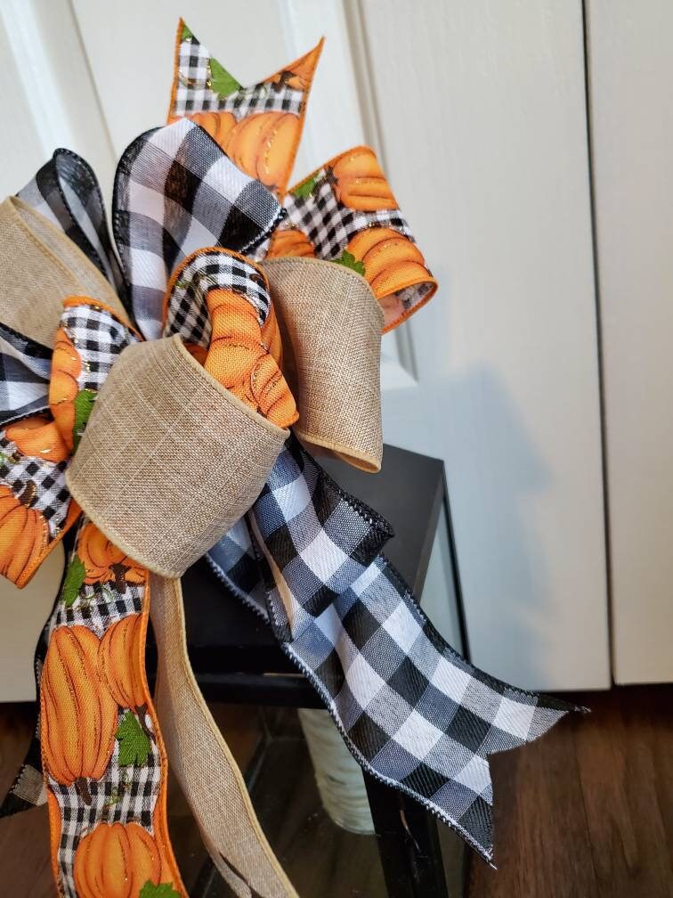 Fall bow, Fall lantern bow, Fall wreath bow, Fall buffalo check bow, pumpkin bow, black and white check bow