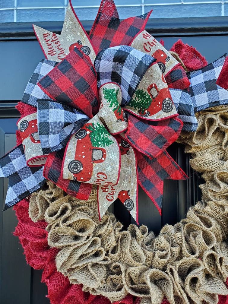 Christmas burlap wreath for front door, Red truck Christmas wreath, merry christmas wreath, ruffle wreath, Holiday wreaths, buffalo check