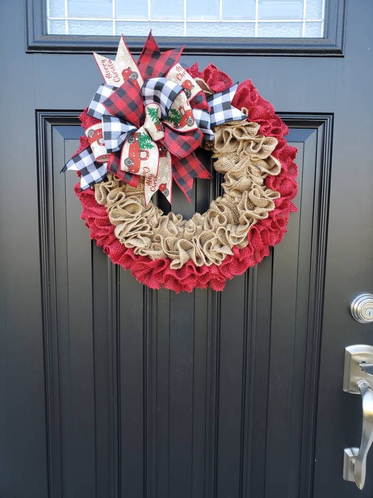 Christmas burlap wreath for front door, Red truck Christmas wreath, merry christmas wreath, ruffle wreath, Holiday wreaths, buffalo check