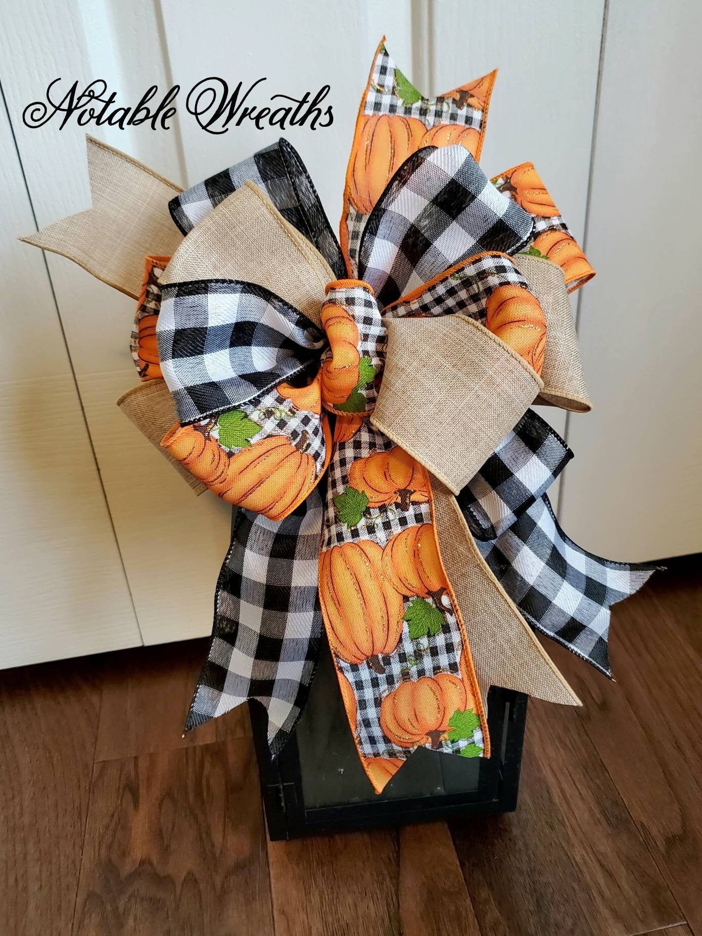 Fall bow, Fall lantern bow, Fall wreath bow, Fall buffalo check bow, pumpkin bow, black and white check bow