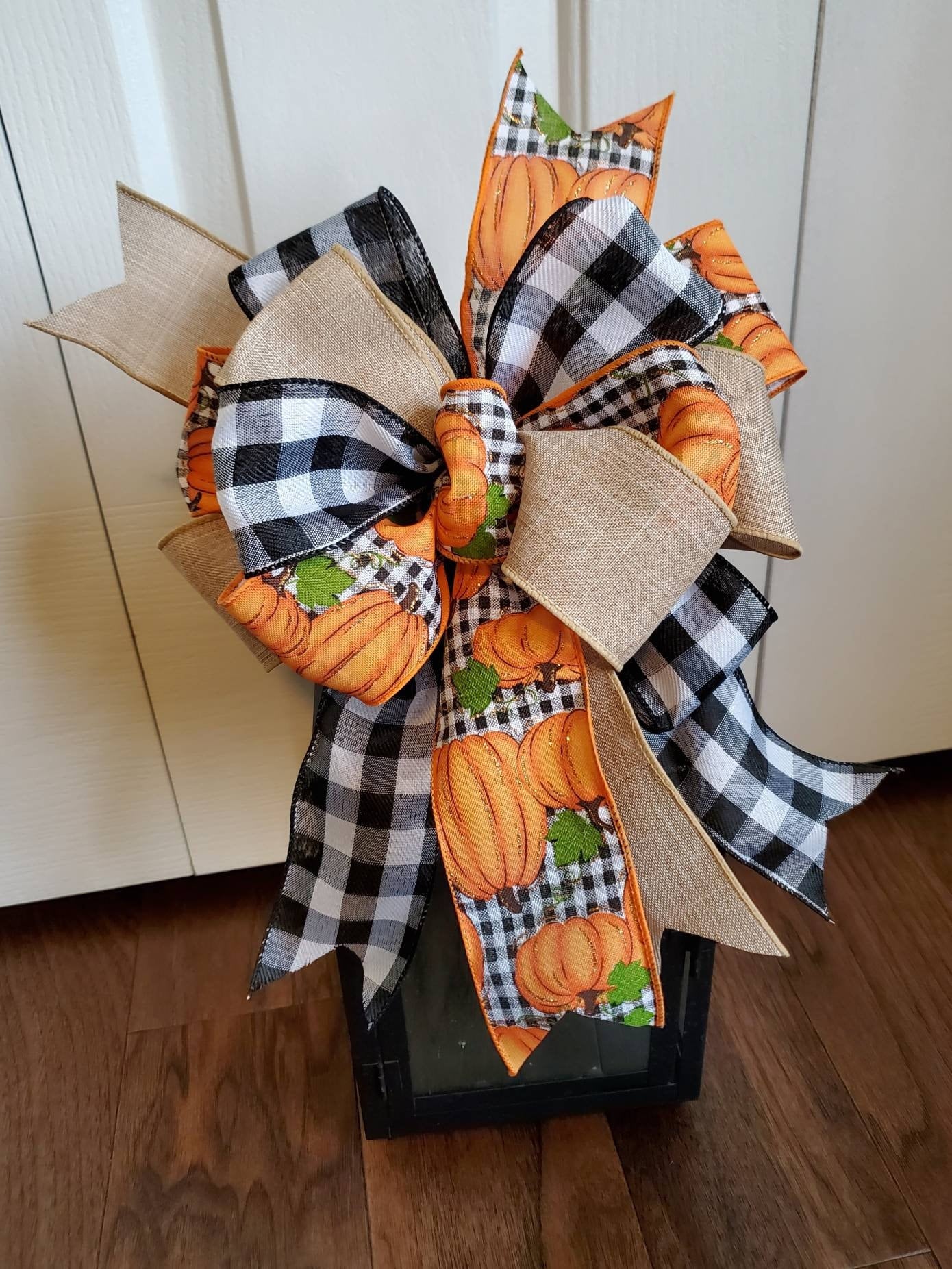 Fall bow, Fall lantern bow, Fall wreath bow, Fall buffalo check bow, pumpkin bow, black and white check bow