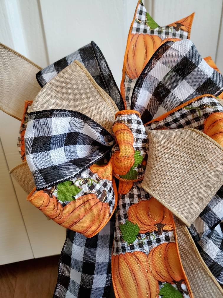 Fall bow, Fall lantern bow, Fall wreath bow, Fall buffalo check bow, pumpkin bow, black and white check bow