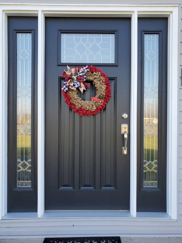 Christmas burlap wreath for front door, Red truck Christmas wreath, merry christmas wreath, ruffle wreath, Holiday wreaths, buffalo check