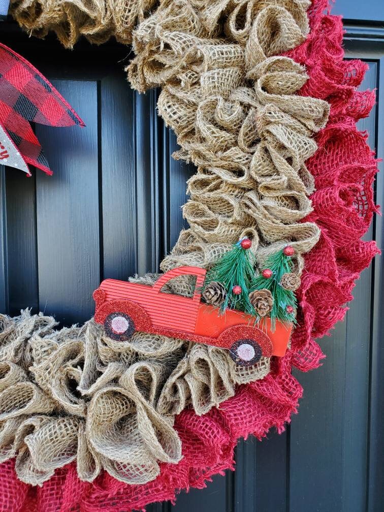 Christmas burlap wreath for front door, Red truck Christmas wreath, merry christmas wreath, ruffle wreath, Holiday wreaths, buffalo check