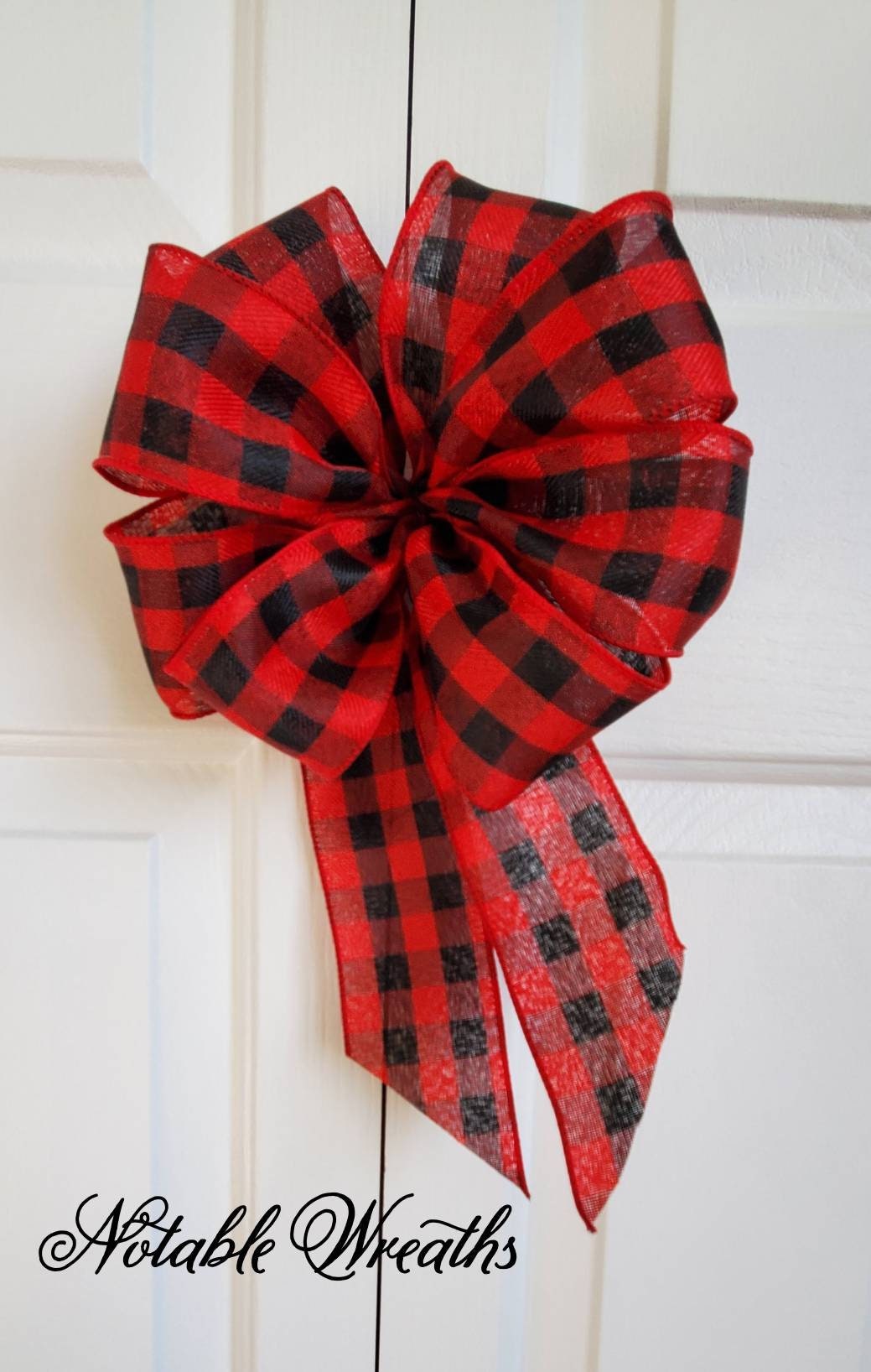 Wreath bow, buffalo check, plaid, red and black, rustic, farmhouse Christmas, banister, mailbox, fence post, mantle decor, lantern